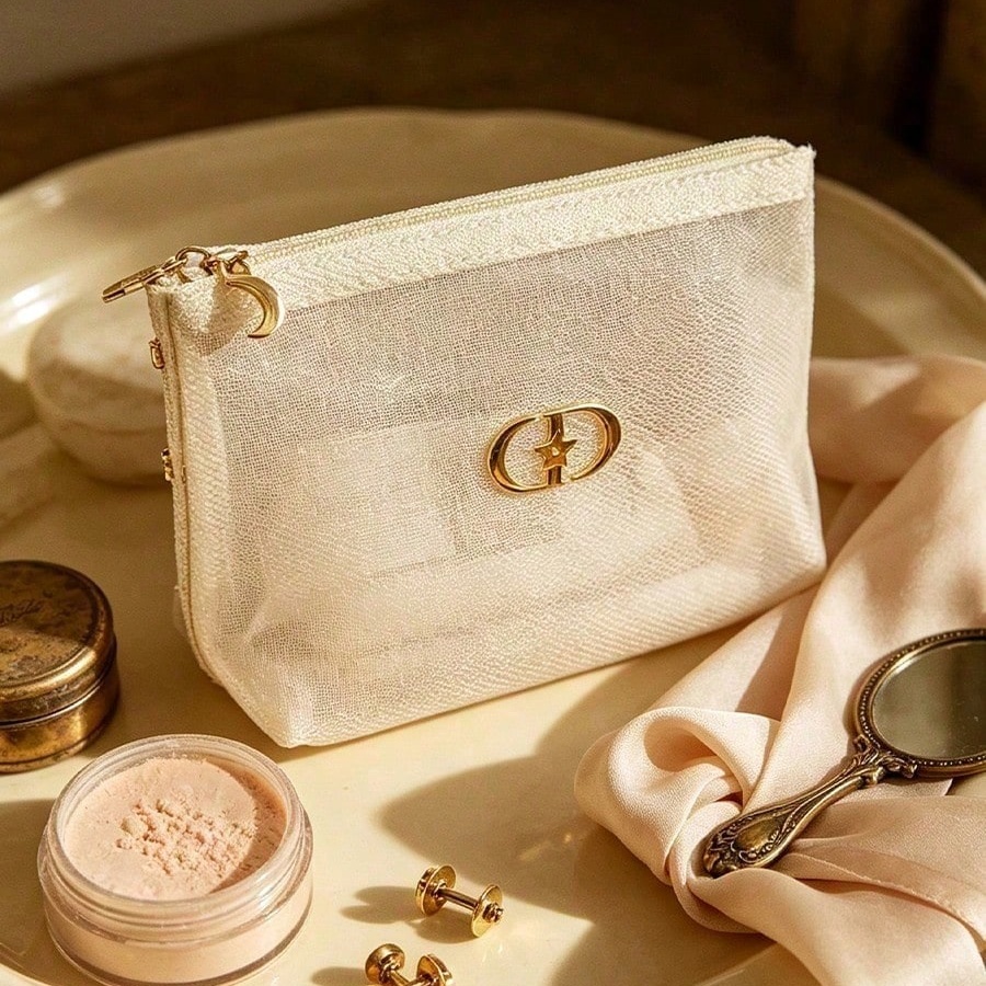 Beauty Makeup Dior - กระเป๋าเครื่องสำอาง DIOR สีขาวโปร่งแสง ตาข่ายใส กระเป๋าเก็บเครื่องสำอางแบบซิป พร้อมโลโก้โลหะสีทอง