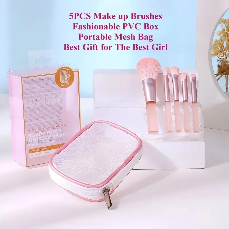 Beauty Makeup Gift Sets - ชุดแปรงแต่งหน้า 5 ชิ้น แปรงปัดแก้มเนื้อนุ่มพิเศษ พร้อมถุงตาข่ายพกพา ชุดอุปกรณ์เสริมความงาม