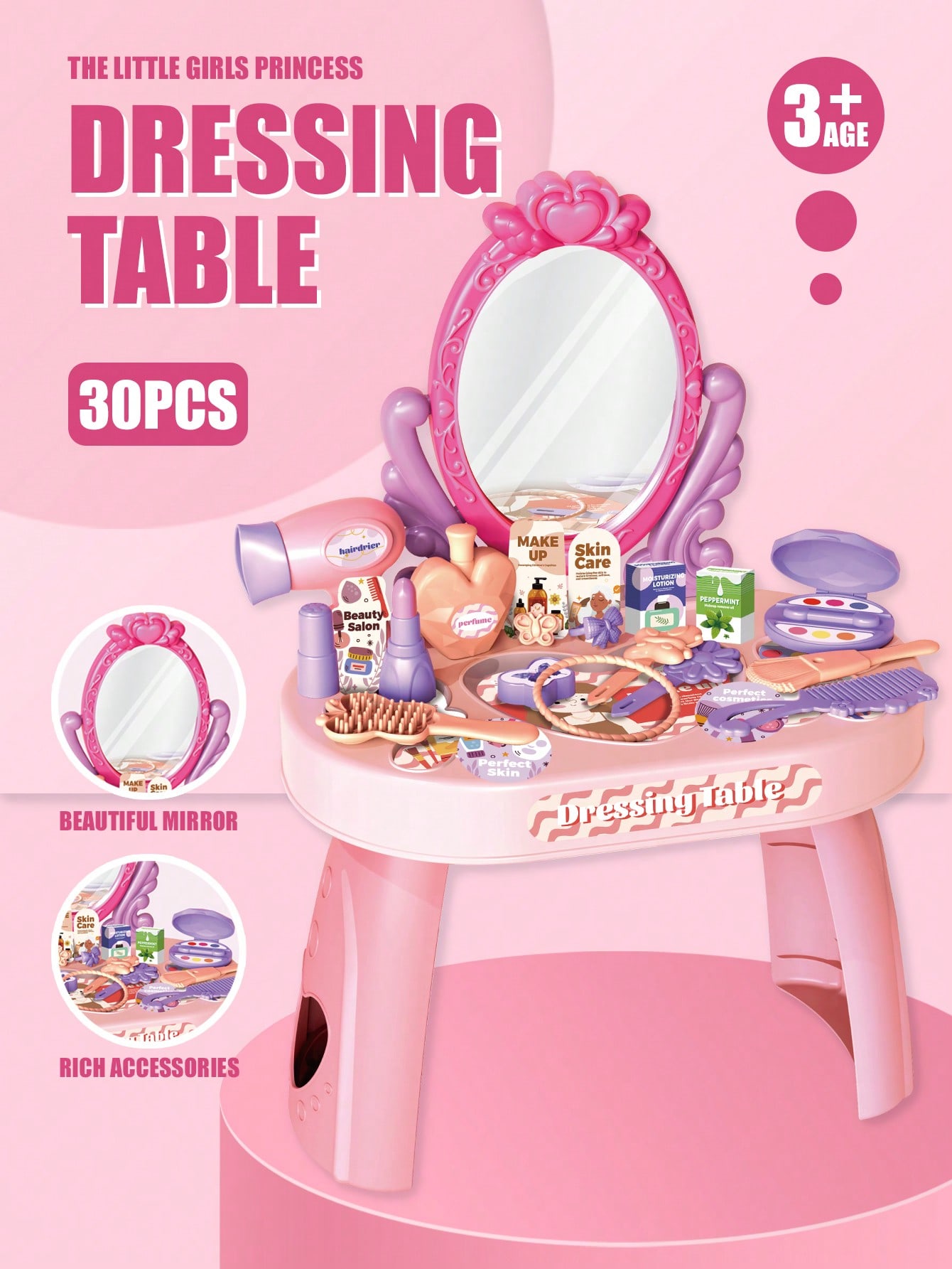 Beauty Makeup Kids - ชุดของเล่นโต๊ะเครื่องแป้งเจ้าหญิงสำหรับเด็ก พร้อมกระจกและอุปกรณ์แต่งหน้า 30 ชิ้น ชุดเครื่องเป่าผมและเครื่องสำอางเสมือนจริง ของขวัญสำหรับเด็กผู้หญิง